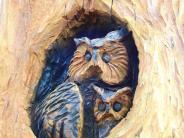 A close up of a chainsaw carving of two owls in a cavity of a tree