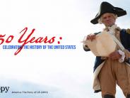 Kanopy: 250 Years. Celebrating the History of the United STates. Blue background with man in tricorn hat and wig holding scroll