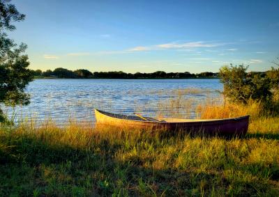 A canoe bathed in sunshine sitting at the edge of a lake 