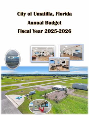 Fiscal Year 2025-2026 Budget cover with photos of the Umatilla Airport and the new FBO.