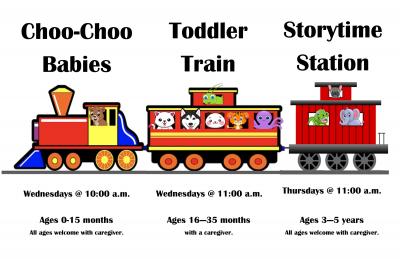 Choo-Choo Babies Wednesdays 10 am; Toddler Train Wednesdays 11 am; Storytime Station Thursdays 11 am