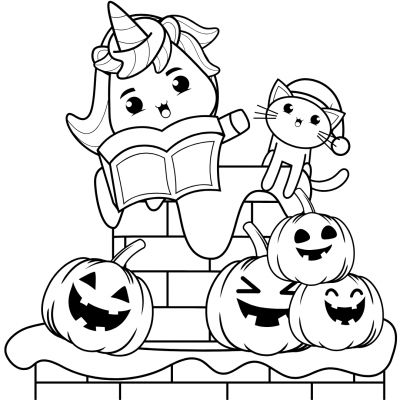 unicorn costume wearing girl reading a book to a cat on top of some pumpkins