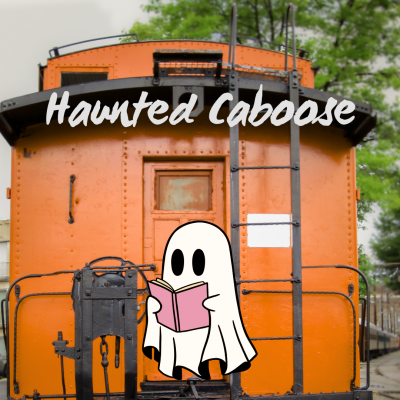 ghost in a sheet reading a book on the back of the caboose