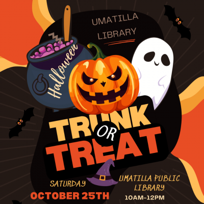 Trunk or treat October 25, 2026 from 10 am to 12 pm at the library grass area. ghosts and jack-o-lantern image