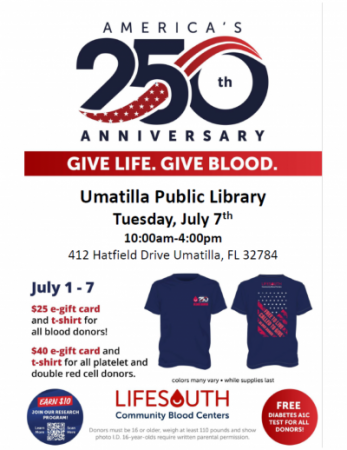 Blood Drive Details:  Date: Friday June 26th   Time: 10:00am - 4:00pm   Location: Bloodmobile To make an appointment, please use